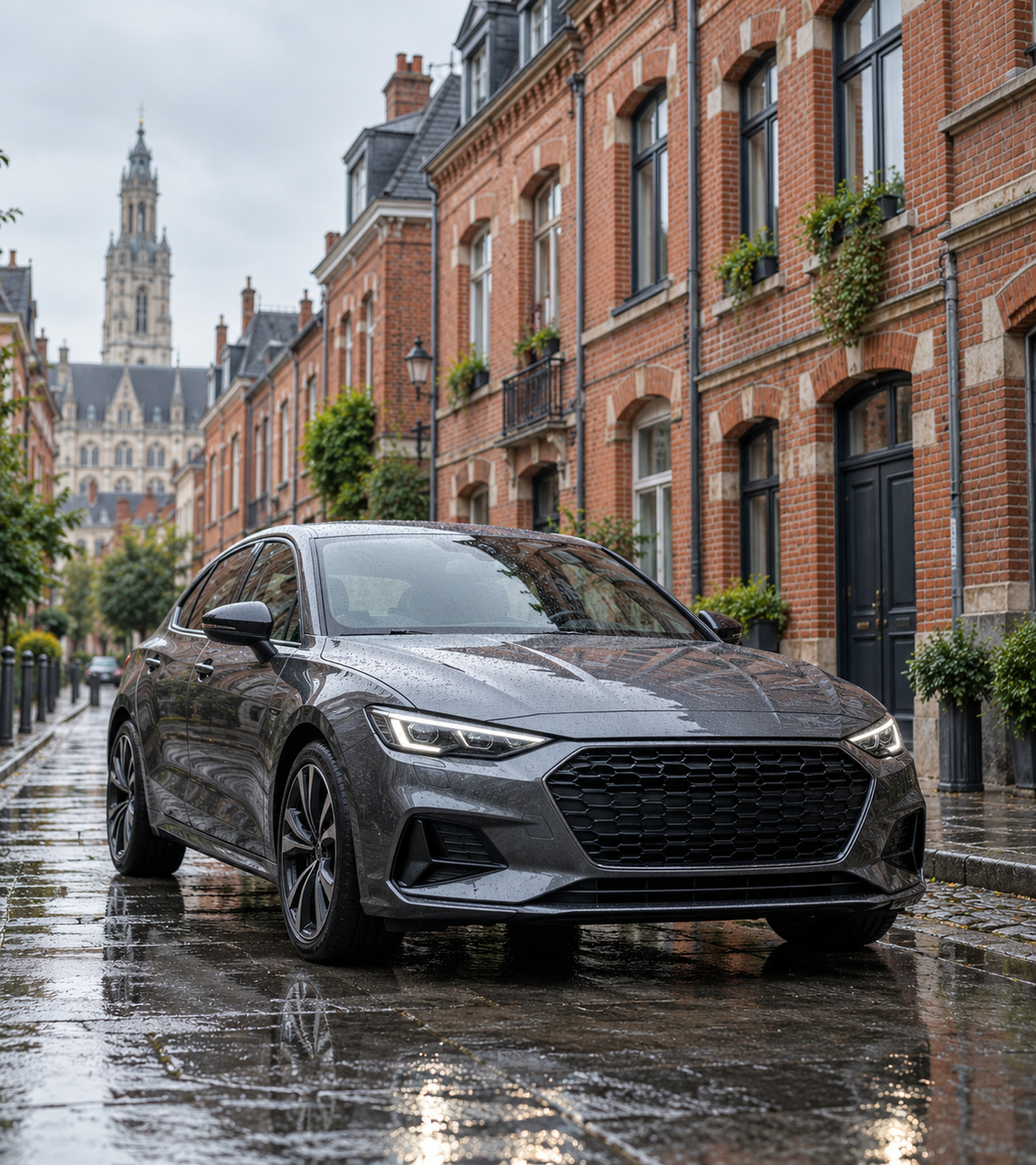 voiture propre dans une rue de briques lilloise mouillée